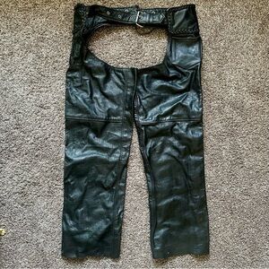 Black Unik International Leather Motorcycle Chaps Size Large with Belt